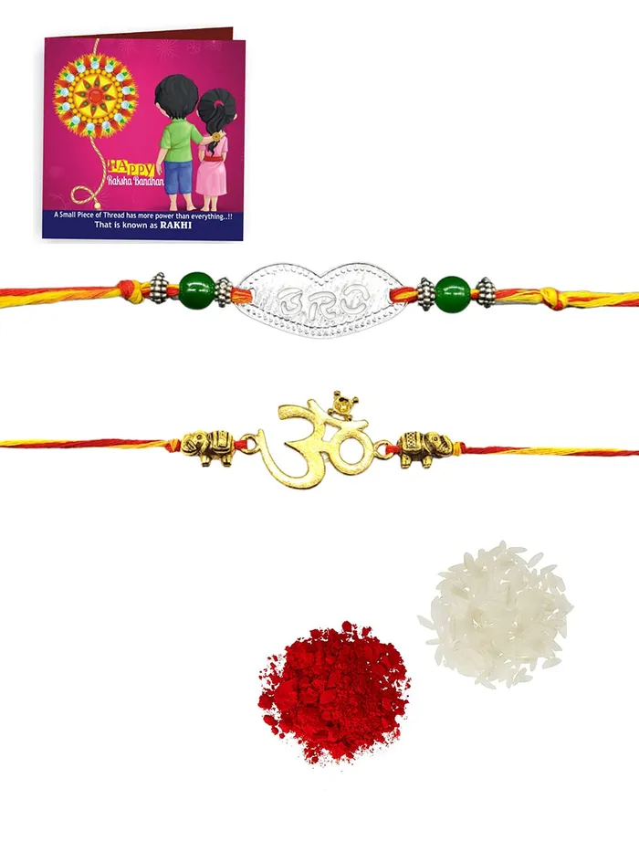 Yellow Chimes Bracelets Yellow Chimes Set of 2 Pcs Handmade Dori Worked Silver Toned OM and Brother Engraved Design Rudraksh Rakhi for Brother with Roli Chawal Red Silver Medium YCTJRK08BHAYSL for Men