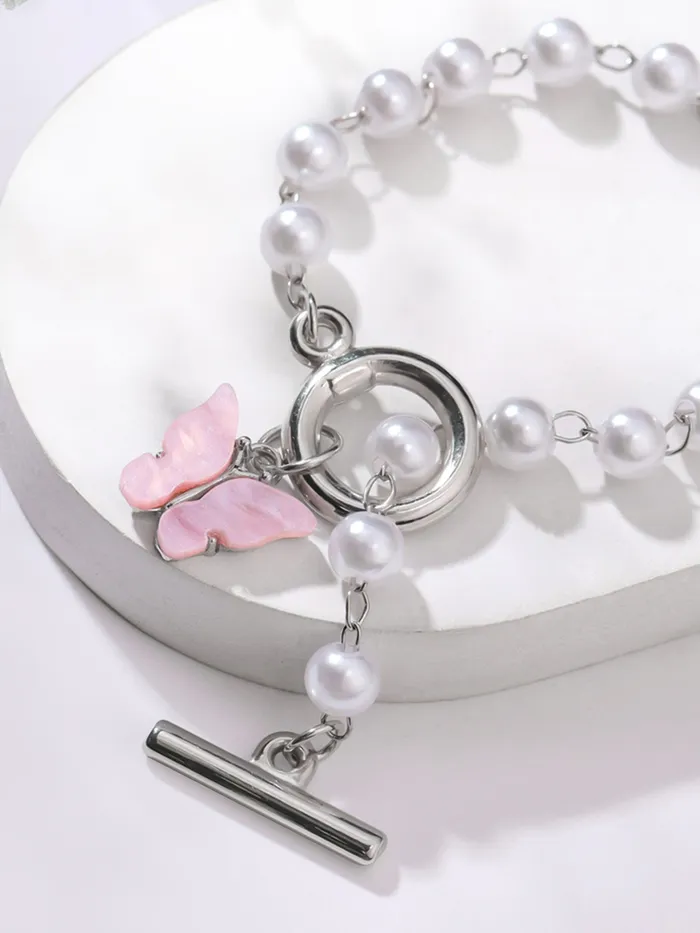 Yellow Chimes Butterfly Charm Pearl Bracelet Elegant White Fashion Accessory One Size Rhodium Plated Bracelets