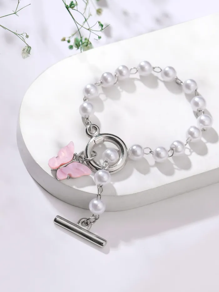Yellow Chimes Butterfly Charm Pearl Bracelet Elegant White Fashion Accessory One Size Rhodium Plated Bracelets
