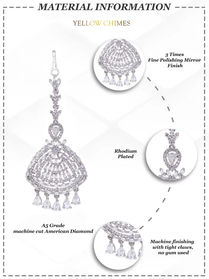 Yellow Chimes Classic ADAmerican Diamond Studded White Rhodium Plated Drop Crystal Design Maang Tikka for Women and Girls Yellow Chimes Earrings