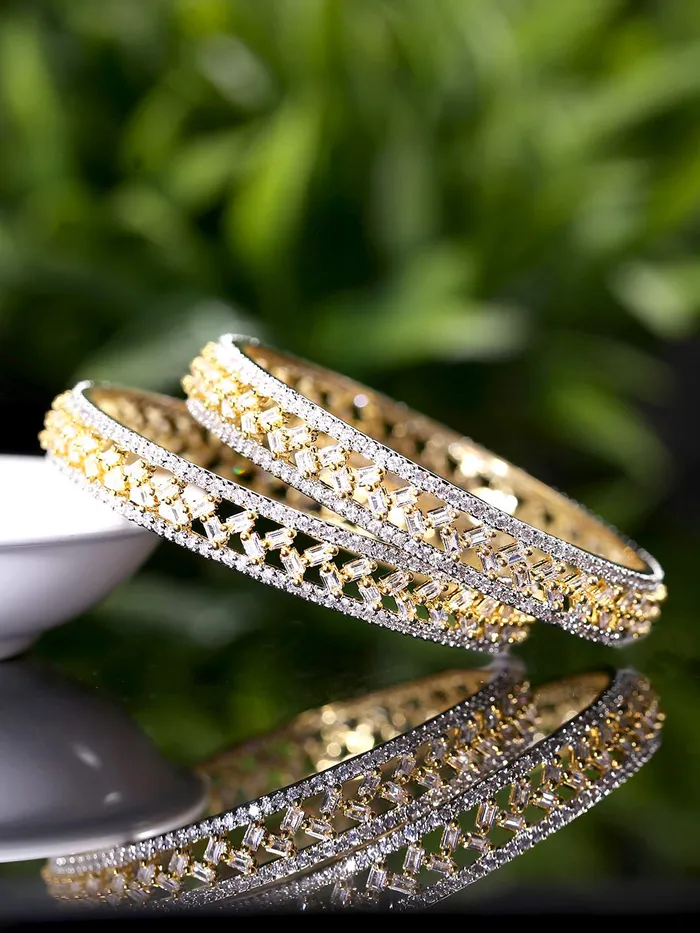 Yellow Chimes Classic Design Set of 2 Pcs White ADAmerican Diamond Studded 18k Gold Plated Handcrafted Bangles Set for Women Girls 24 Yellow Chimes PreStyled Sets