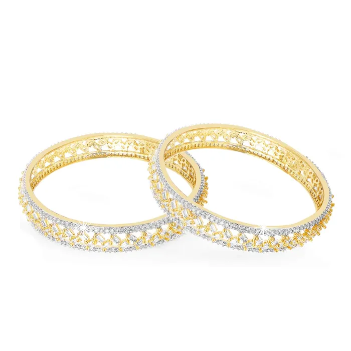 Yellow Chimes Classic Design Set of 2 Pcs White ADAmerican Diamond Studded 18k Gold Plated Handcrafted Bangles Set for Women Girls 24 Yellow Chimes PreStyled Sets