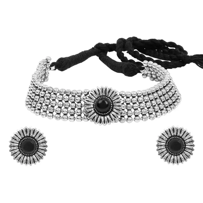Yellow Chimes Classic German Silver Oxidised Jewellery Set Designer Floral Crafted Traditional Choker Necklace Set Jewellery Set For Women Oxidized SilverBlack YctjnsOxdcirchkBk Yellow Chimes Earrings