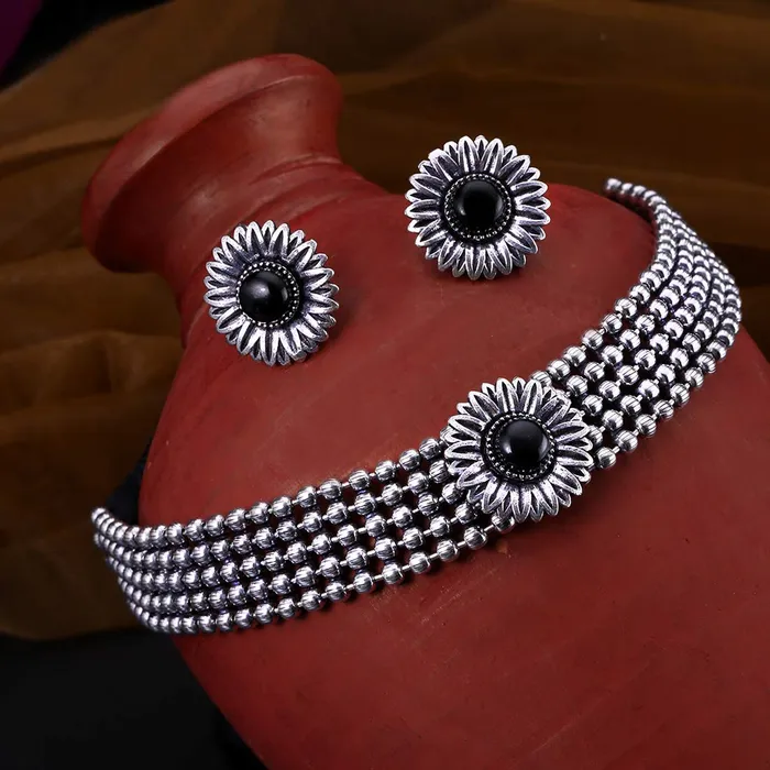 Yellow Chimes Classic German Silver Oxidised Jewellery Set Designer Floral Crafted Traditional Choker Necklace Set Jewellery Set For Women Oxidized SilverBlack YctjnsOxdcirchkBk Yellow Chimes Earrings