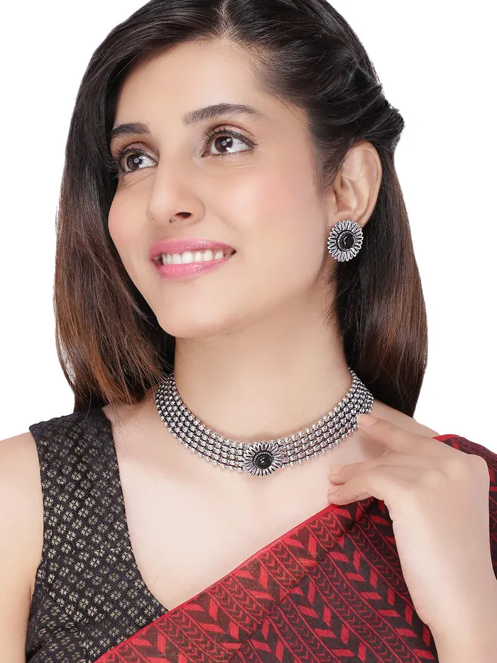 Yellow Chimes Classic German Silver Oxidised Jewellery Set Designer Floral Crafted Traditional Choker Necklace Set Jewellery Set For Women Oxidized SilverBlack YctjnsOxdcirchkBk Yellow Chimes Earrings