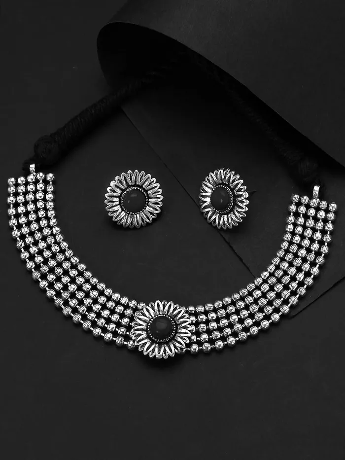 Yellow Chimes Classic German Silver Oxidised Jewellery Set Designer Floral Crafted Traditional Choker Necklace Set Jewellery Set For Women Oxidized SilverBlack YctjnsOxdcirchkBk Yellow Chimes Earrings