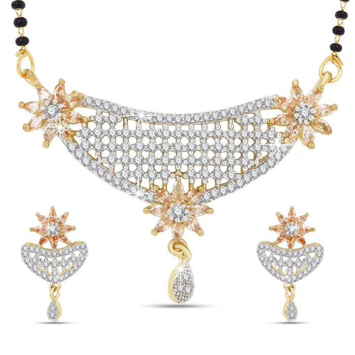 Yellow Chimes Classic Gold ADAmerican Diamond Studded Black Beads Designer Floral Mangalsutra Set with Earrings for Women Yellow Chimes Necklaces