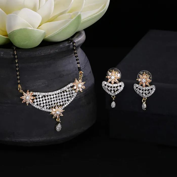 Yellow Chimes Classic Gold ADAmerican Diamond Studded Black Beads Designer Floral Mangalsutra Set with Earrings for Women Yellow Chimes Necklaces