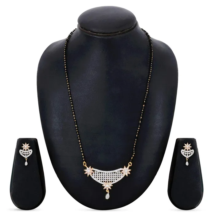 Yellow Chimes Classic Gold ADAmerican Diamond Studded Black Beads Designer Floral Mangalsutra Set with Earrings for Women Yellow Chimes Necklaces
