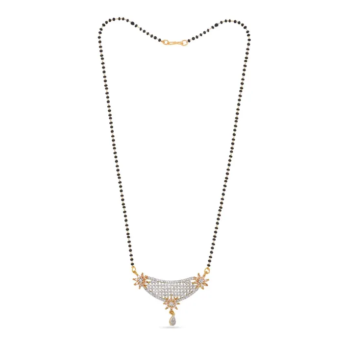 Yellow Chimes Classic Gold ADAmerican Diamond Studded Black Beads Designer Floral Mangalsutra Set with Earrings for Women Yellow Chimes Necklaces