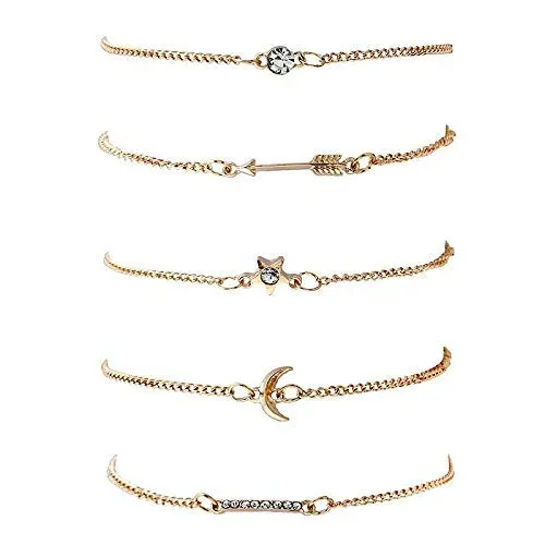 Yellow Chimes Combo of 5 PcsSet Star Moon Arrow and Crystal Chain Gold Plated Charm Bracelet for Women and Girls Yellow Chimes Earrings