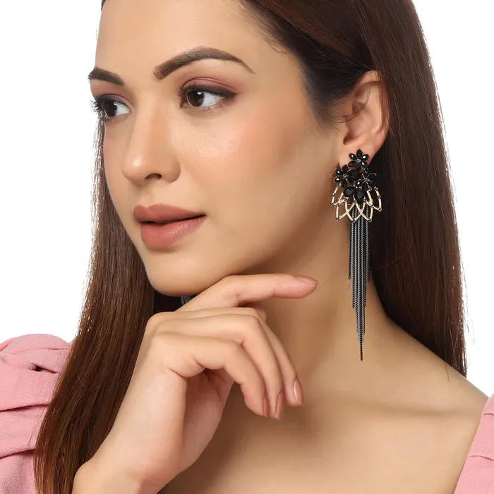 Yellow Chimes Crystal Danglers Earrings for Women Floral Shaped Crystal Black Long Chain Dangler Earrings for Women and Girls Yellow Chimes Earrings