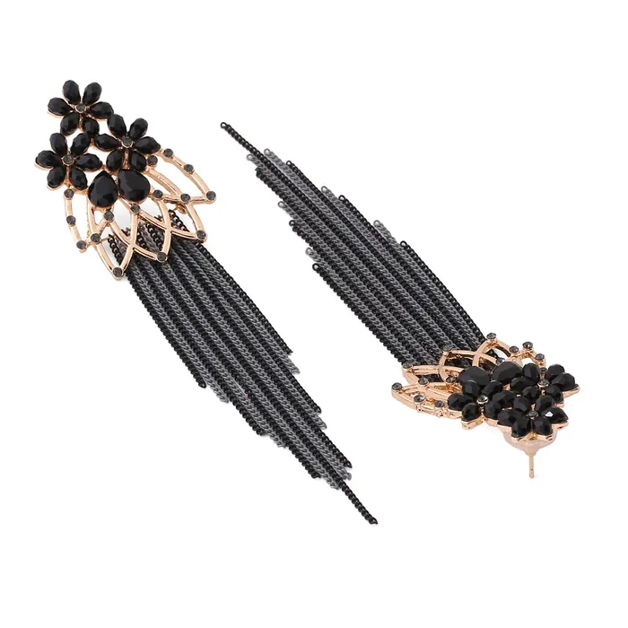 Yellow Chimes Crystal Danglers Earrings for Women Floral Shaped Crystal Black Long Chain Dangler Earrings for Women and Girls Yellow Chimes Earrings