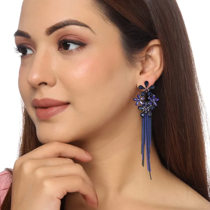 Yellow Chimes Crystal Danglers Earrings for Women Floral Shaped Crystal Blue Long Chain Dangler Earrings for Women and Girls Yellow Chimes Necklaces