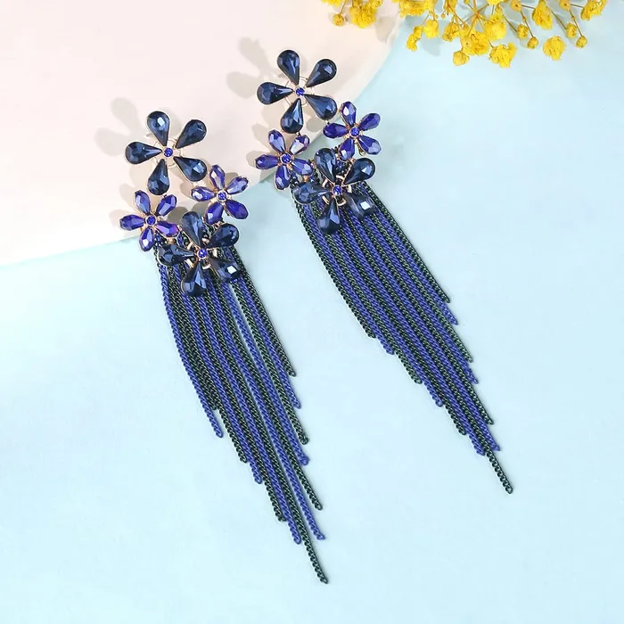 Yellow Chimes Crystal Danglers Earrings for Women Floral Shaped Crystal Blue Long Chain Dangler Earrings for Women and Girls Yellow Chimes Necklaces