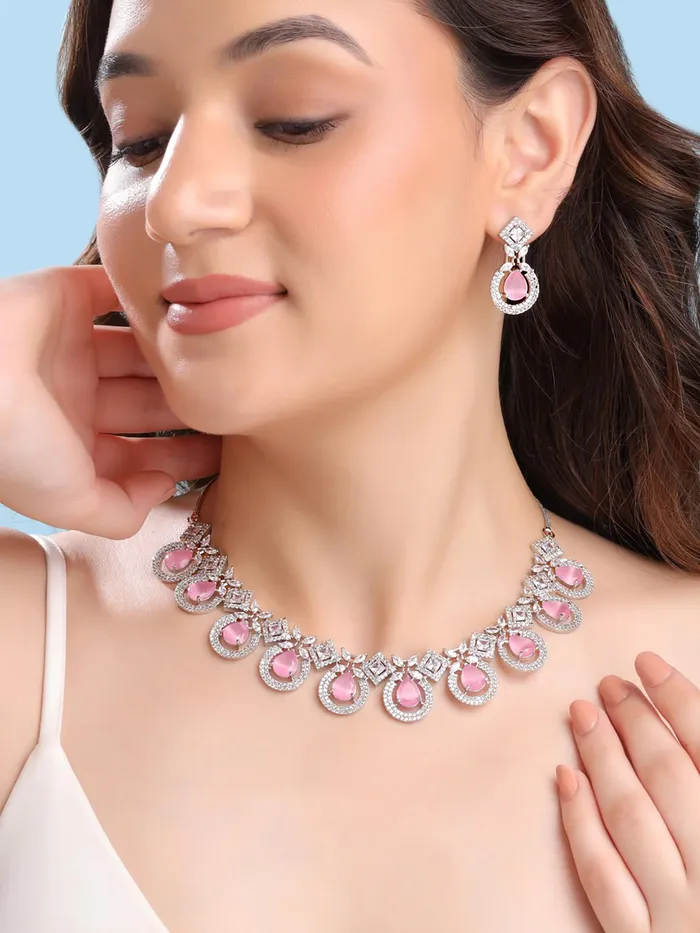 Yellow Chimes Diamond Necklace Set for Women Pink Stone Silver Necklace Set AD Jewellery Set for Women Silver Diamond Necklace Set Birthday Gift for Girls Women Anniversary Gift for Wife Yellow Chimes Necklaces