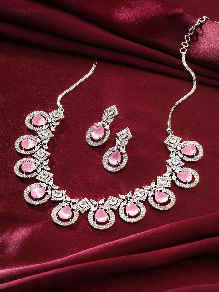 Yellow Chimes Diamond Necklace Set for Women Pink Stone Silver Necklace Set AD Jewellery Set for Women Silver Diamond Necklace Set Birthday Gift for Girls Women Anniversary Gift for Wife Yellow Chimes Necklaces