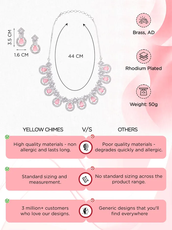 Yellow Chimes Diamond Necklace Set for Women Pink Stone Silver Necklace Set AD Jewellery Set for Women Silver Diamond Necklace Set Birthday Gift for Girls Women Anniversary Gift for Wife Yellow Chimes Necklaces