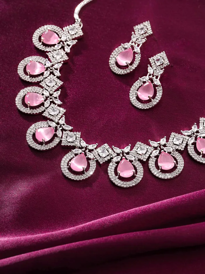Yellow Chimes Diamond Necklace Set for Women Pink Stone Silver Necklace Set AD Jewellery Set for Women Silver Diamond Necklace Set Birthday Gift for Girls Women Anniversary Gift for Wife Yellow Chimes Necklaces
