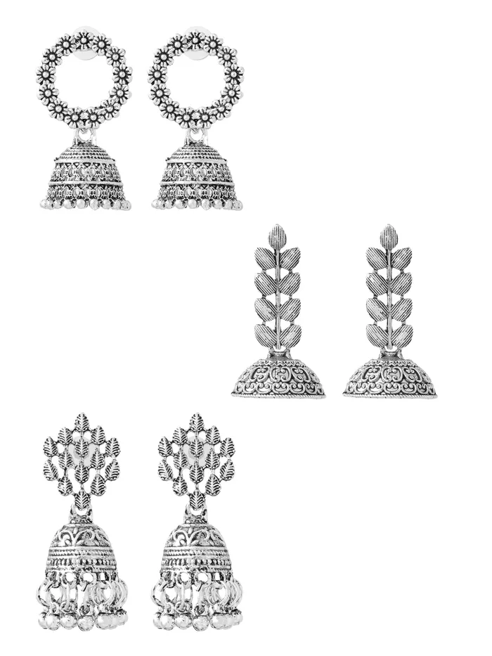 Yellow Chimes Earrings Combo of 3 Pairs Silver Oxidised Jhumka Earrings with Beautiful Designs 45 cm Silver Oxidised