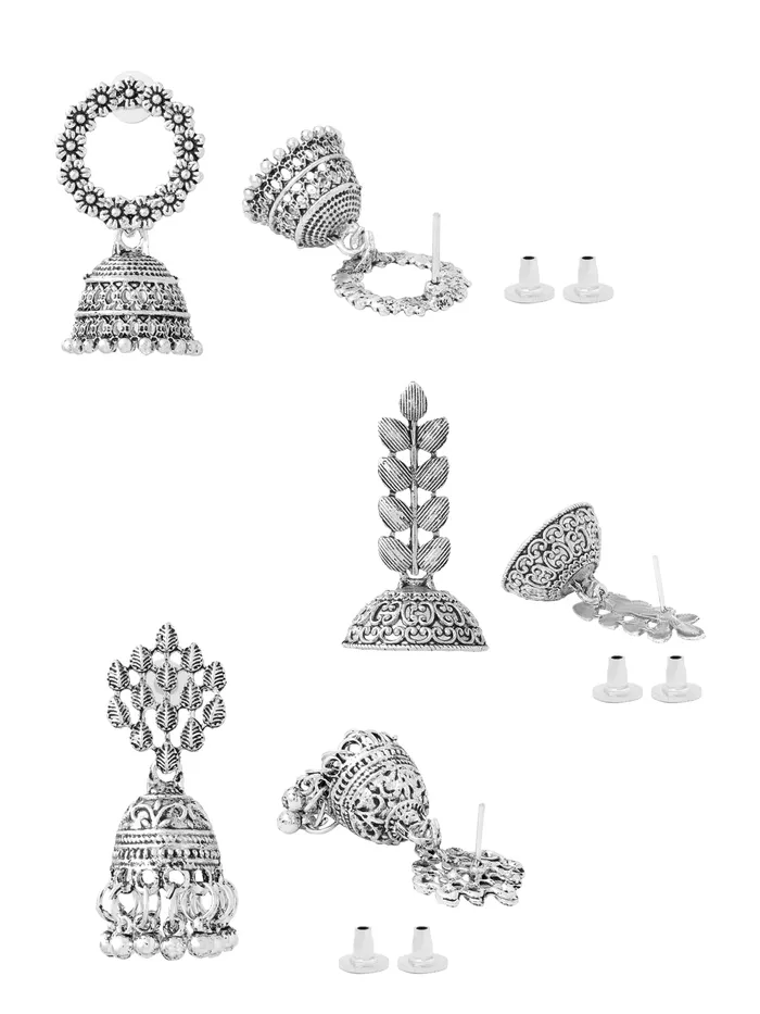 Yellow Chimes Earrings Combo of 3 Pairs Silver Oxidised Jhumka Earrings with Beautiful Designs 45 cm Silver Oxidised