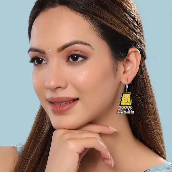 Yellow Chimes Earrings for Women and Girls Meenakari Drop Earrings Silver Tone Yellow Meenakari Drop Earrings Birthday Gift for girls and women Anniversary Gift for Wife Yellow Chimes Earrings