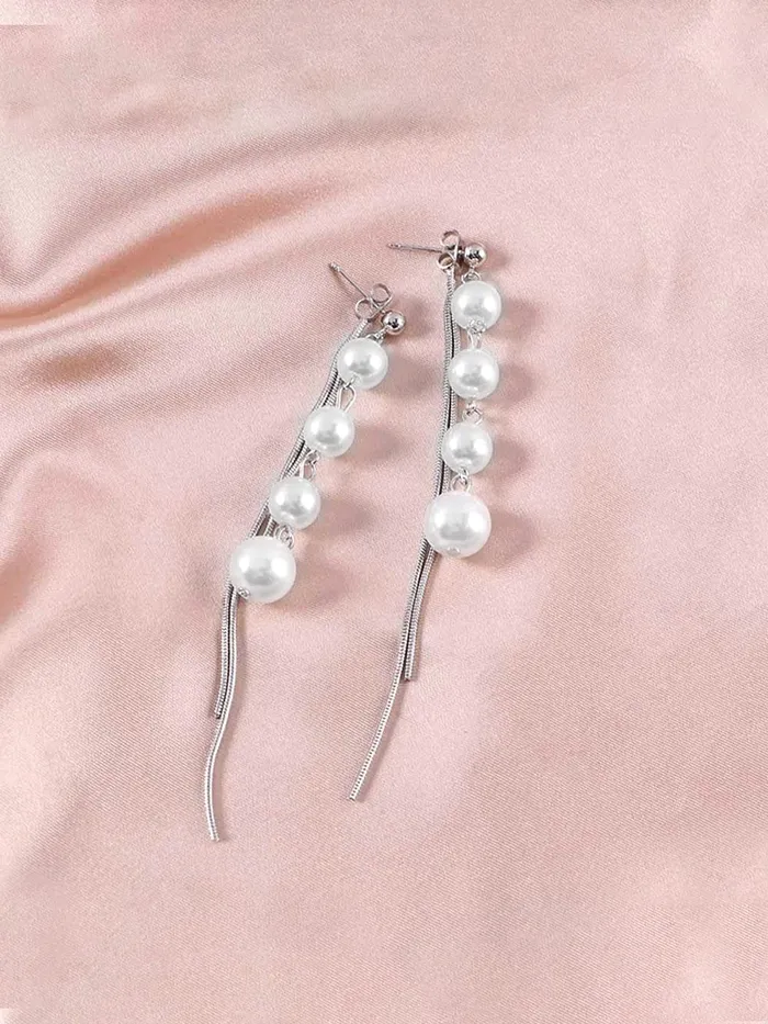 Yellow Chimes Earrings for Women and Girls Silver Pearl Dangler Silver Toned Long Chain Danglers Earrings for Women Birthday Gift for girls and women Anniversary Gift for Wife Yellow Chimes Earrings