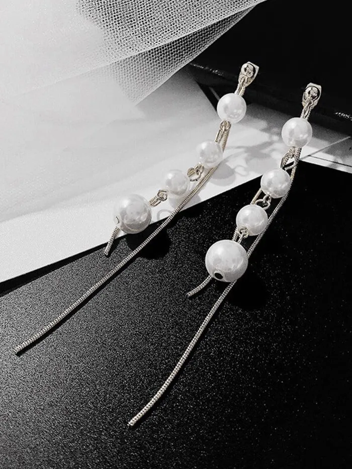 Yellow Chimes Earrings for Women and Girls Silver Pearl Dangler Silver Toned Long Chain Danglers Earrings for Women Birthday Gift for girls and women Anniversary Gift for Wife Yellow Chimes Earrings