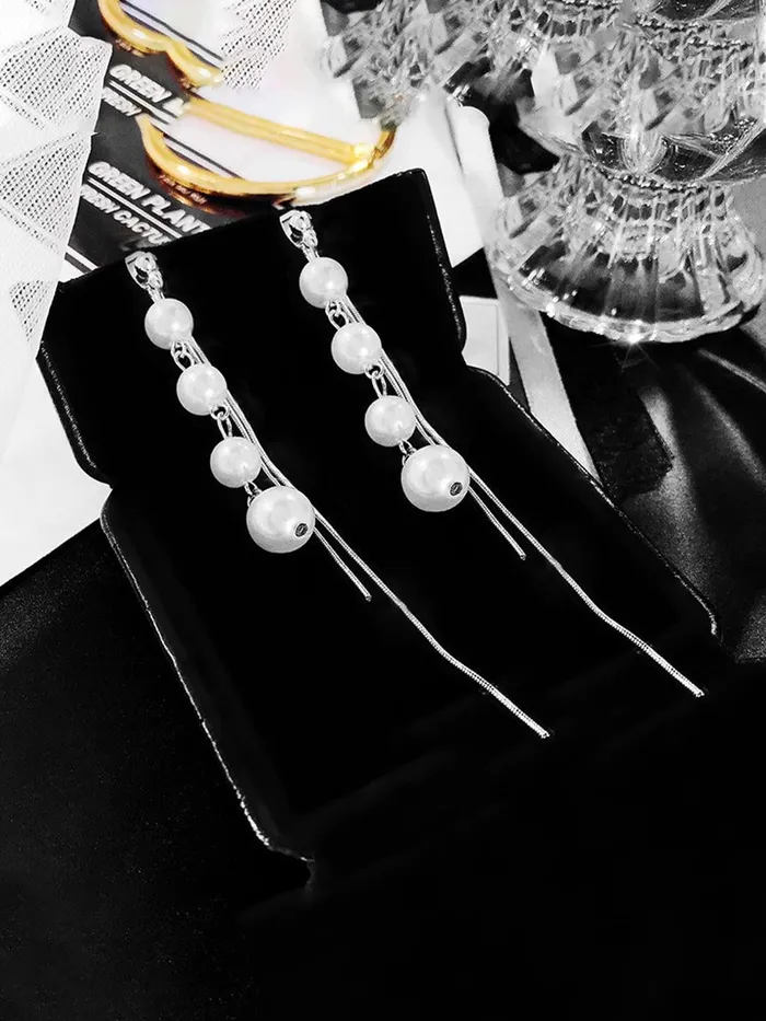 Yellow Chimes Earrings for Women and Girls Silver Pearl Dangler Silver Toned Long Chain Danglers Earrings for Women Birthday Gift for girls and women Anniversary Gift for Wife Yellow Chimes Earrings