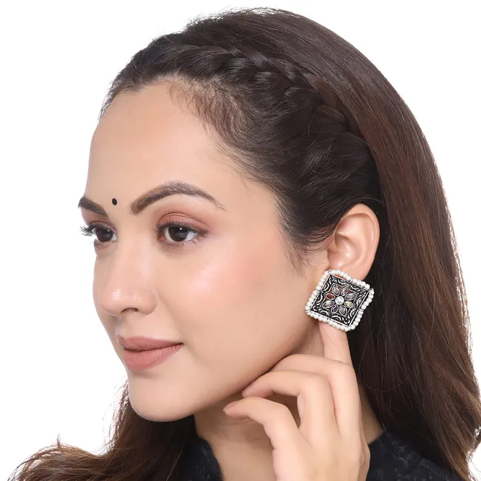 Yellow Chimes Earrings for Women and Girls Traditional Silver Oxidised StudsGerman Silver Square Shaped Stud EarringsBirthday Gift For girls and women Anniversary Gift for Wife Yellow Chimes Earrings