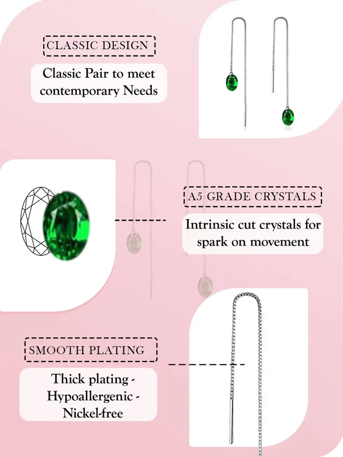 Yellow Chimes Earrings for Women Girls Fashion Green Crystal Stone Long Chain Threaded Dangler Silver Tone Chain Earring Western Thread Earrings Birthday Anniversary Gift Yellow Chimes Rings