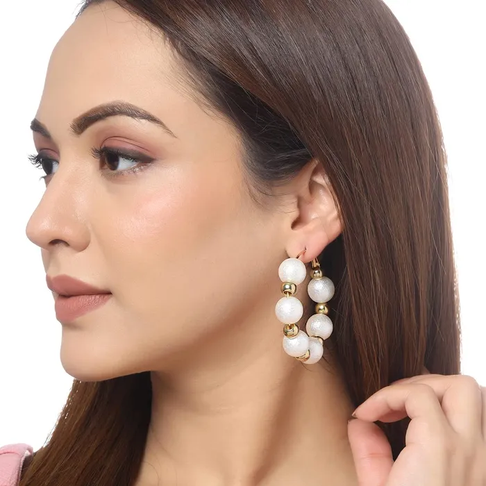 Yellow Chimes Earrings For Women Gold Tone Big Pearl Small Golden Bead Studded Hoop For Women and Girls Yellow Chimes Earrings