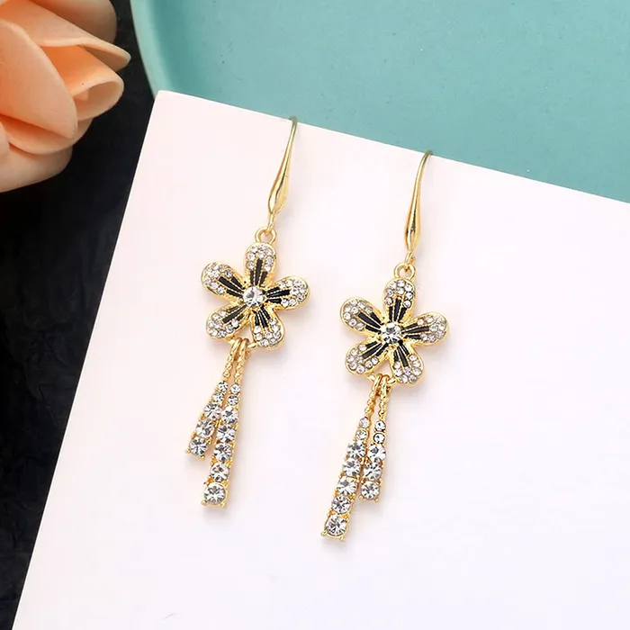 Yellow Chimes Earrings For Women Gold Toned Crystal Studded Flower Drop Chain Tassel Dangler Earrings For Women and Girls Yellow Chimes Necklaces
