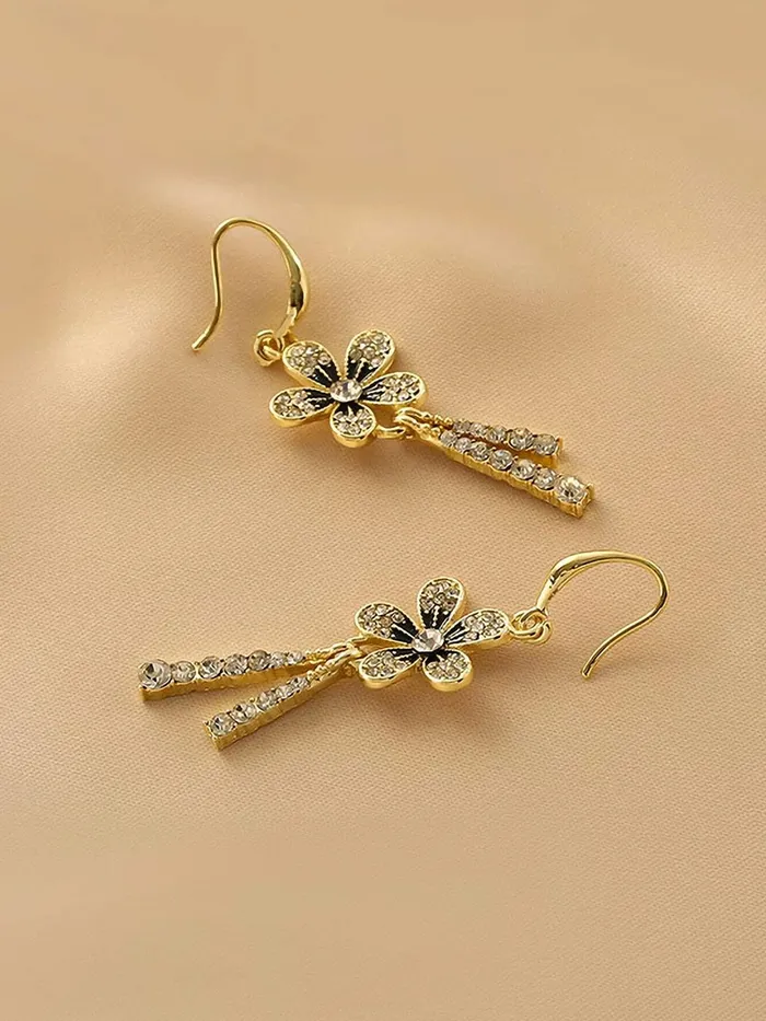 Yellow Chimes Earrings For Women Gold Toned Crystal Studded Flower Drop Chain Tassel Dangler Earrings For Women and Girls Yellow Chimes Necklaces