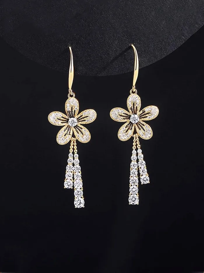 Yellow Chimes Earrings For Women Gold Toned Crystal Studded Flower Drop Chain Tassel Dangler Earrings For Women and Girls Yellow Chimes Necklaces