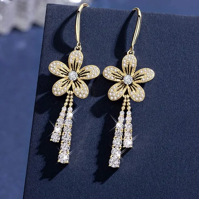 Yellow Chimes Earrings For Women Gold Toned Crystal Studded Flower Drop Chain Tassel Dangler Earrings For Women and Girls Yellow Chimes Necklaces