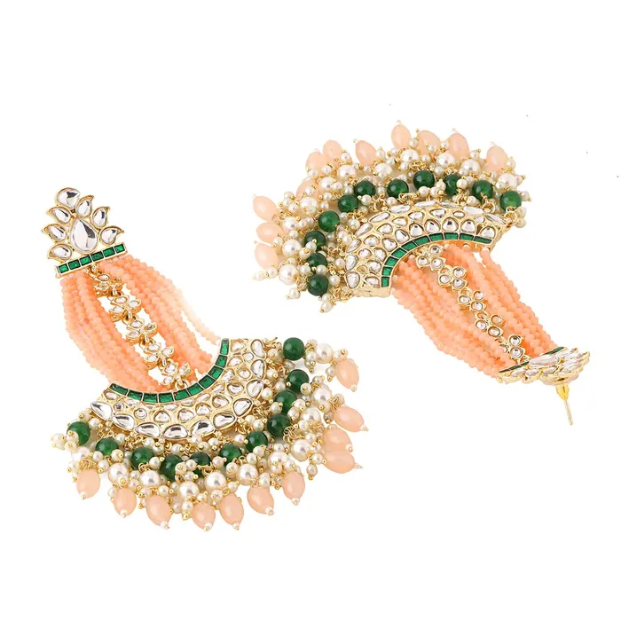 Yellow Chimes Earrings for Women Gold Toned Kundan Studded Green and Pink Beads Drop Chandbali Earrings for Women and Girls Yellow Chimes Necklaces