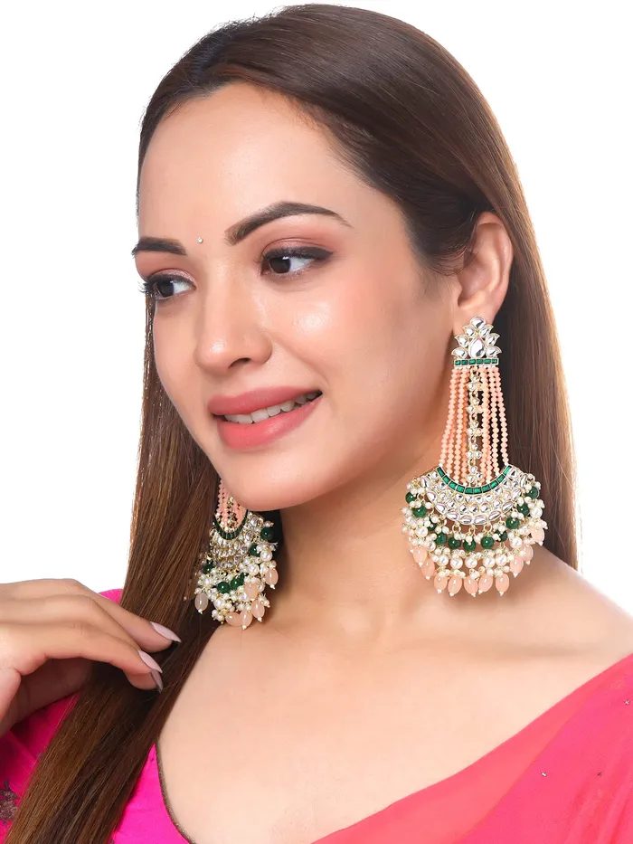 Yellow Chimes Earrings for Women Gold Toned Kundan Studded Green and Pink Beads Drop Chandbali Earrings for Women and Girls Yellow Chimes Necklaces