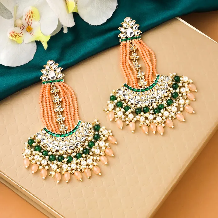 Yellow Chimes Earrings for Women Gold Toned Kundan Studded Green and Pink Beads Drop Chandbali Earrings for Women and Girls Yellow Chimes Necklaces