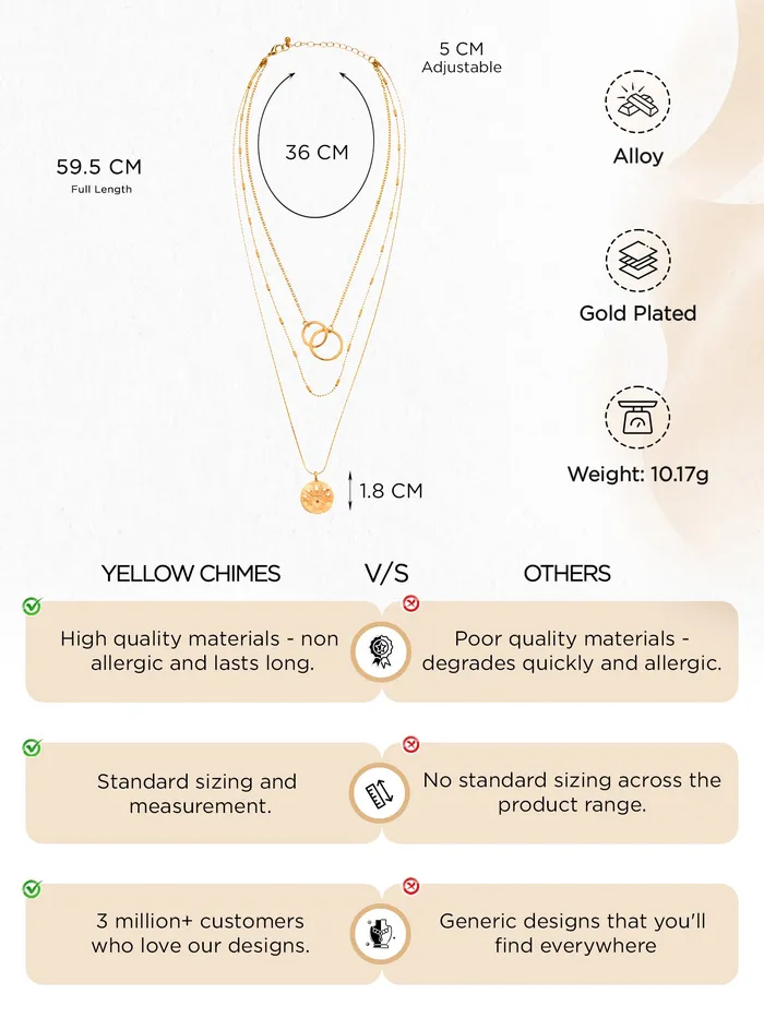 Yellow Chimes Earrings Multi Layered Choker Necklace Gold Plated Chain Fashion Elegant Design One Size Gold