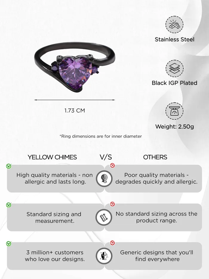 Yellow Chimes Earrings Purple Heart Shaped Crystal Ring Fashion Statement with Adjustable Fit Elegant Gift Size 7