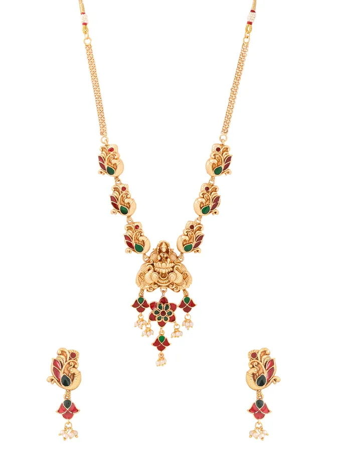 Yellow Chimes Earrings Temple Jewellery Set Gold Plated Meenakari Necklace Set Adjustable One Size Gold