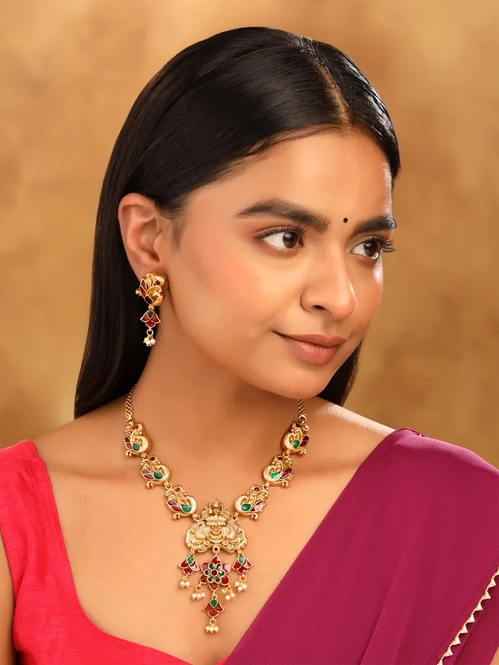 Yellow Chimes Earrings Temple Jewellery Set Gold Plated Meenakari Necklace Set Adjustable One Size Gold