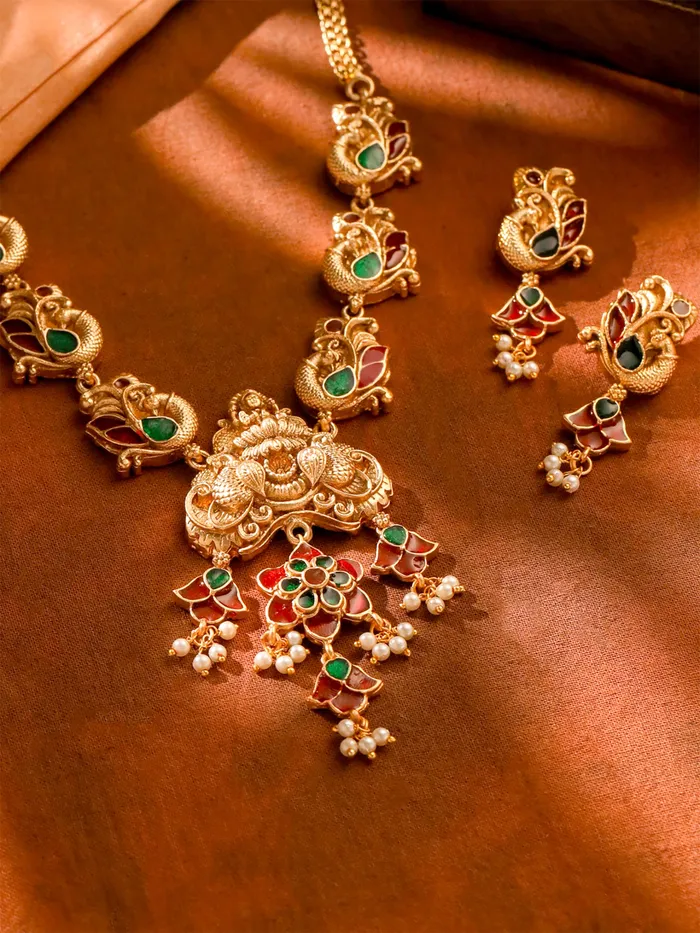 Yellow Chimes Earrings Temple Jewellery Set Gold Plated Meenakari Necklace Set Adjustable One Size Gold