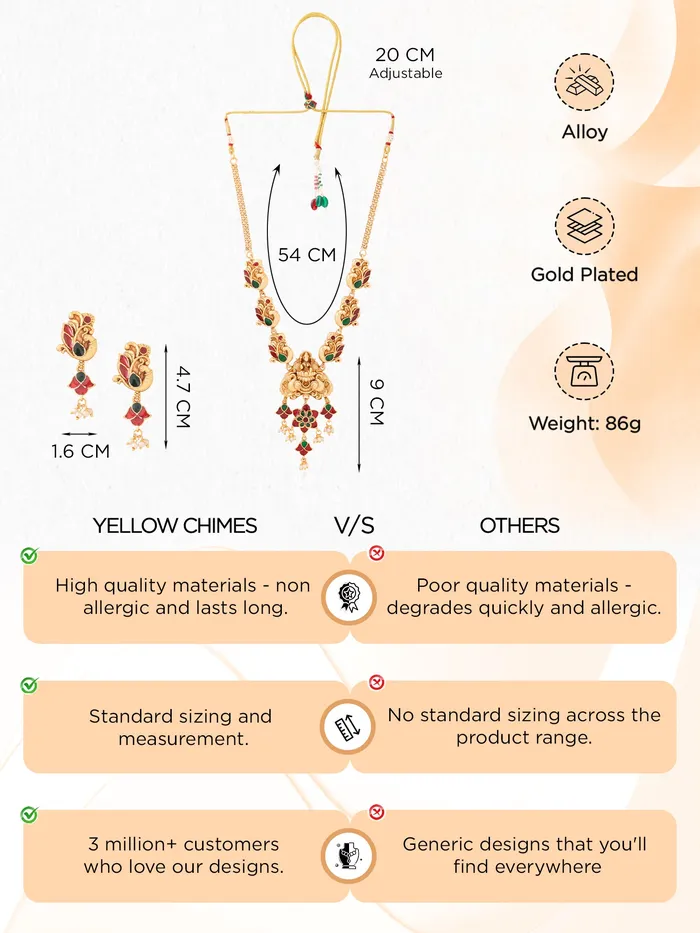 Yellow Chimes Earrings Temple Jewellery Set Gold Plated Meenakari Necklace Set Adjustable One Size Gold