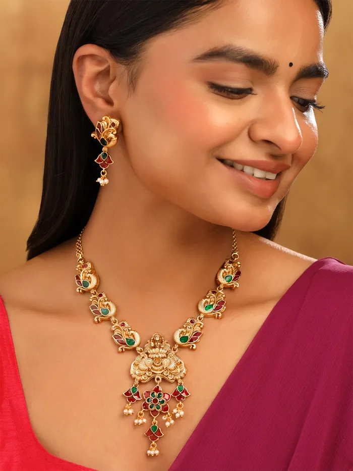 Yellow Chimes Earrings Temple Jewellery Set Gold Plated Meenakari Necklace Set Adjustable One Size Gold