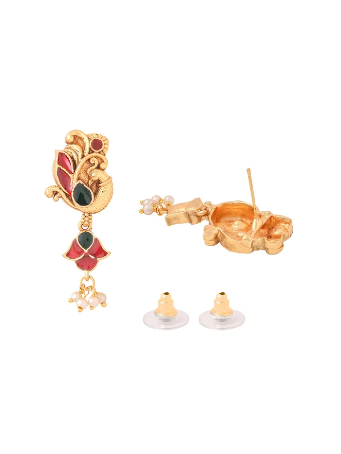 Yellow Chimes Earrings Temple Jewellery Set Gold Plated Meenakari Necklace Set Adjustable One Size Gold