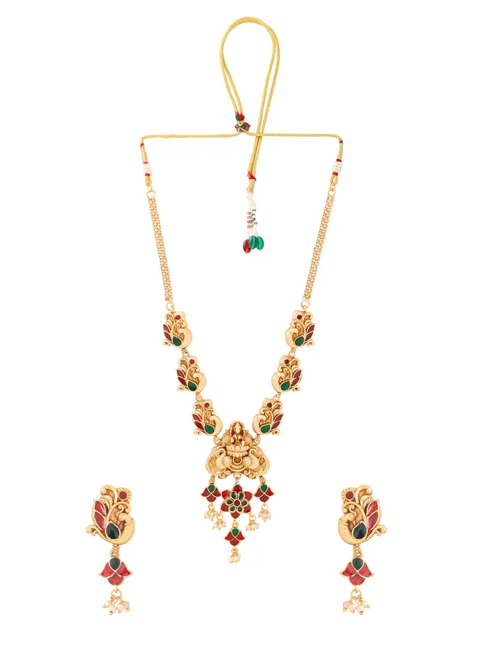 Yellow Chimes Earrings Temple Jewellery Set Gold Plated Meenakari Necklace Set Adjustable One Size Gold