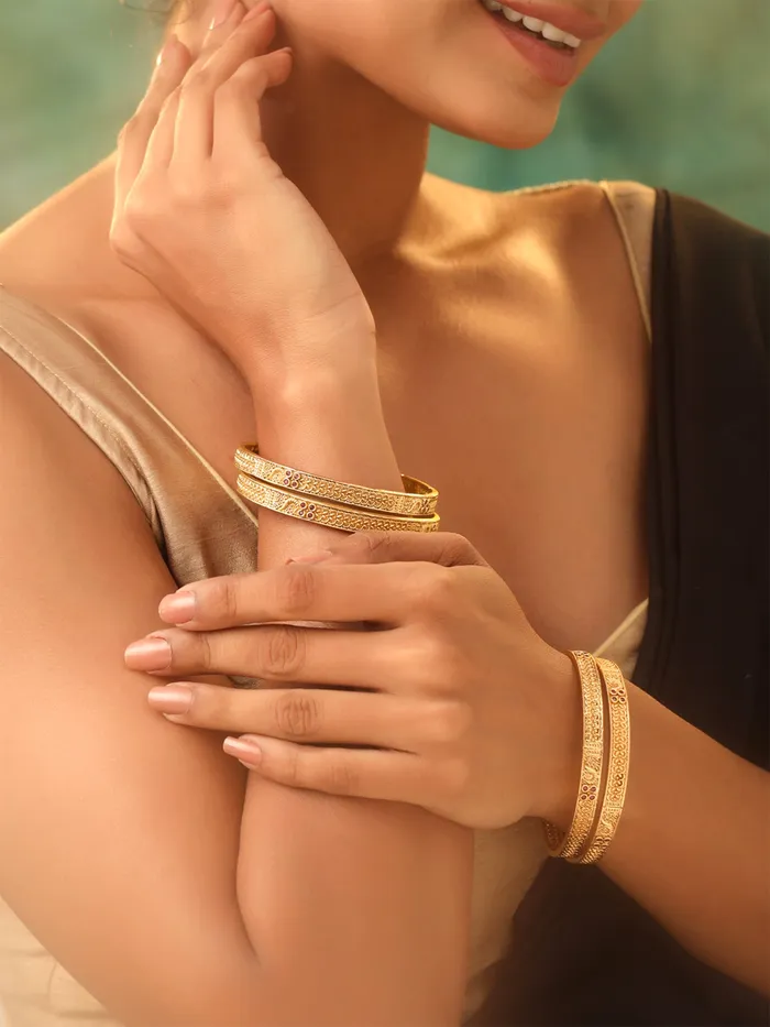 Yellow Chimes Earrings Traditional Bangles Set Elegant Gold Plated Women Hand Accessories 4 Pcs Size 26 in Gold