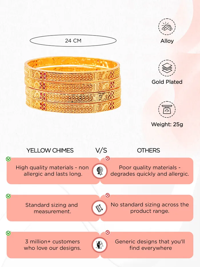 Yellow Chimes Earrings Traditional Bangles Set Elegant Gold Plated Women Hand Accessories 4 Pcs Size 26 in Gold